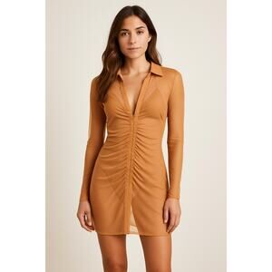 SKIMS Mesh Cover Ups Long Sleeve Ruched Dress In Almond XS NWT